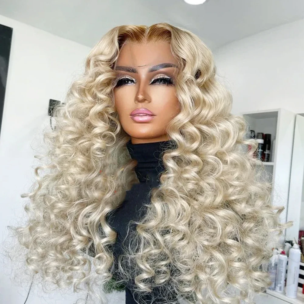 AIMEYA Omble Blonde Peruki dla kobiet Syntetyczna peruka z kręconymi włosami Długa koronkowa peruka z włosami typu Kinky Curl Środkowa część Cosplay Party Koronkowa peruka