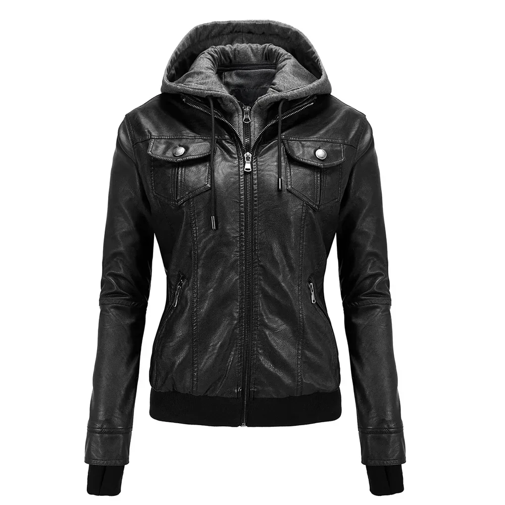 Hooded Detachable Hat Jackets Outwear Trend Women\'s Motorcycle Leather Jacket Coats Short Slim Fit Fleece-lined Leather Coats