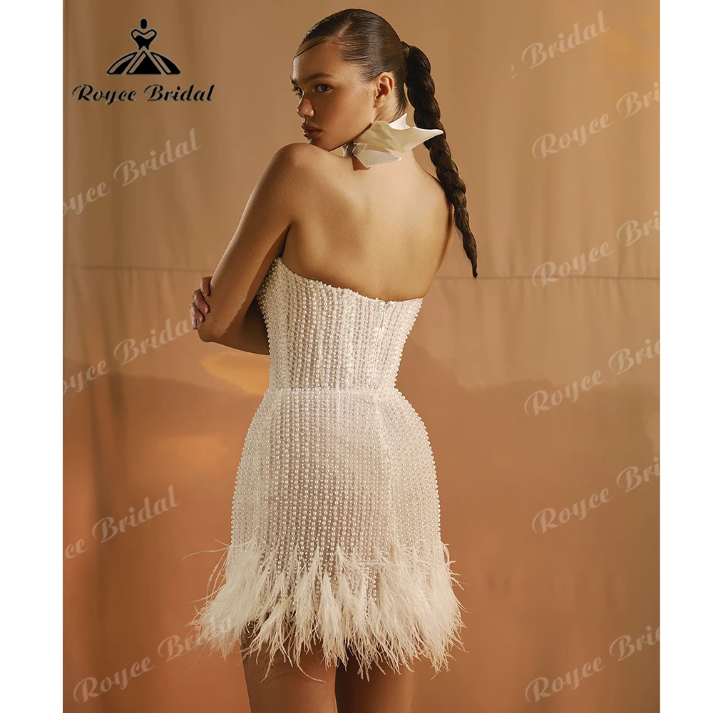 Strapless Pearl Beaded Feather Trim Corset Mini Wedding Dress Form-Fitting Short Bridal Gown For Bridal Reception Customized