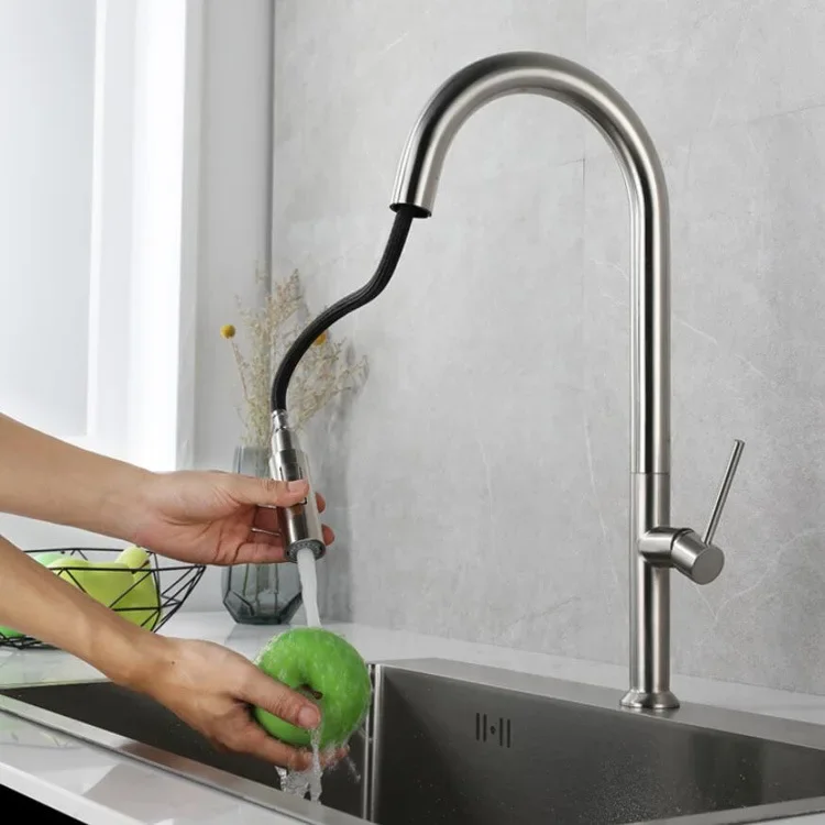 Brushed Pull Faucet 304 Stainless Steel Kitchen Faucet Simple Rotatable and Retractable Vegetable Basin Hot and Cold TapG3/8G2/1
