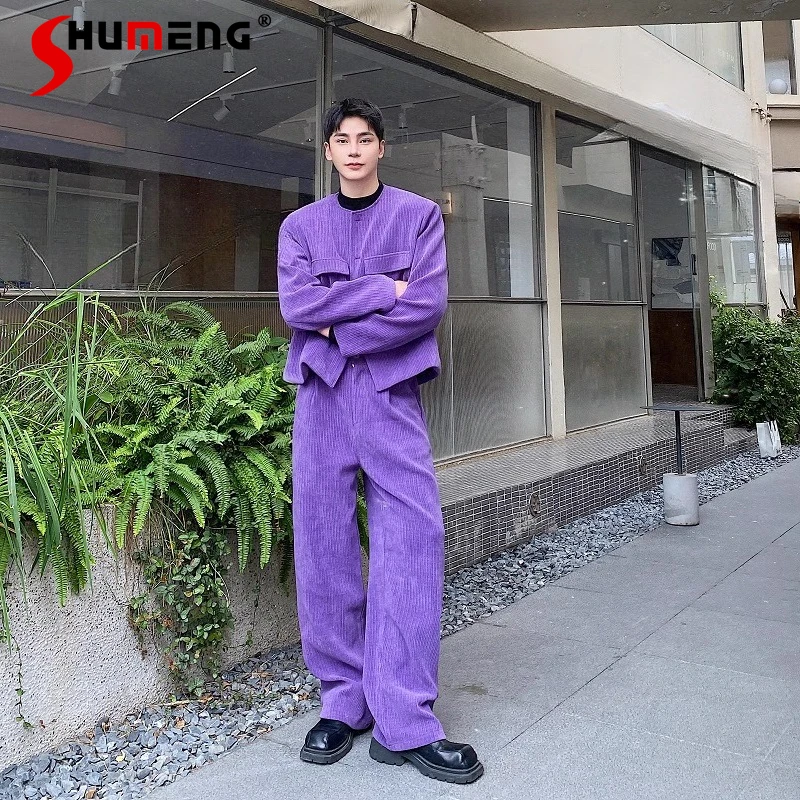 

Fashion Solid Color Suit Sets Men 2025 Autumn New Pants Sets Masculinity Small Fragrant Jackets Wide-Leg Pants Two-Piece Sets