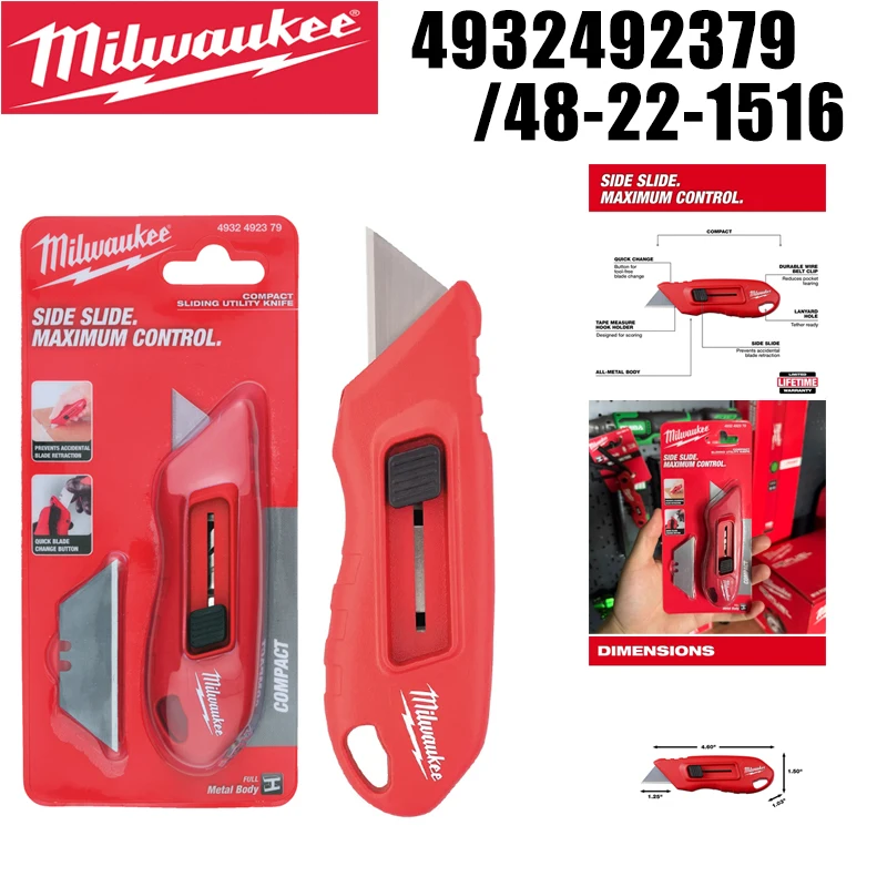 Milwaukee 4932492379/48-22-1516 Compact Side Slide All-Metal Utility Knife Quick Change Blade