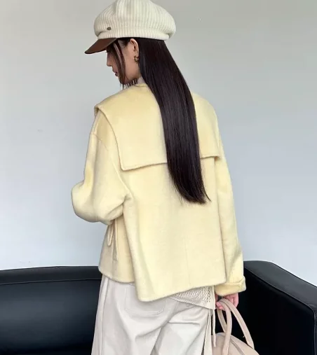 2026 Winter Women Wool Coat Spliced Sailor Collar Double Sided Warm Casual Short Single Breasted Woolen Outerwear Handmade