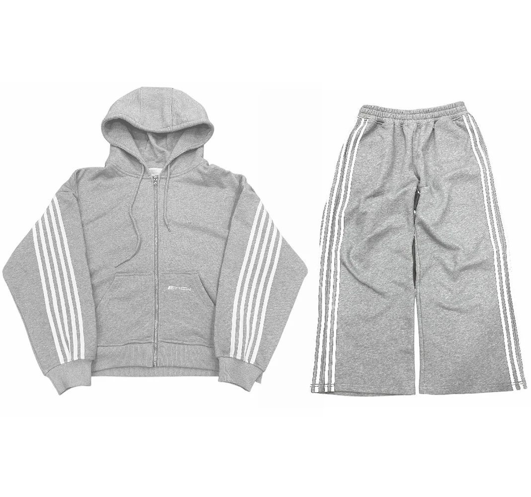 HCW Striped Embroidered Zip Hoodie Sweatpants Two Piece Set Y2K Sportswear Womens Mens Hip Hop Oversized Hoodie Lounge Pants Set