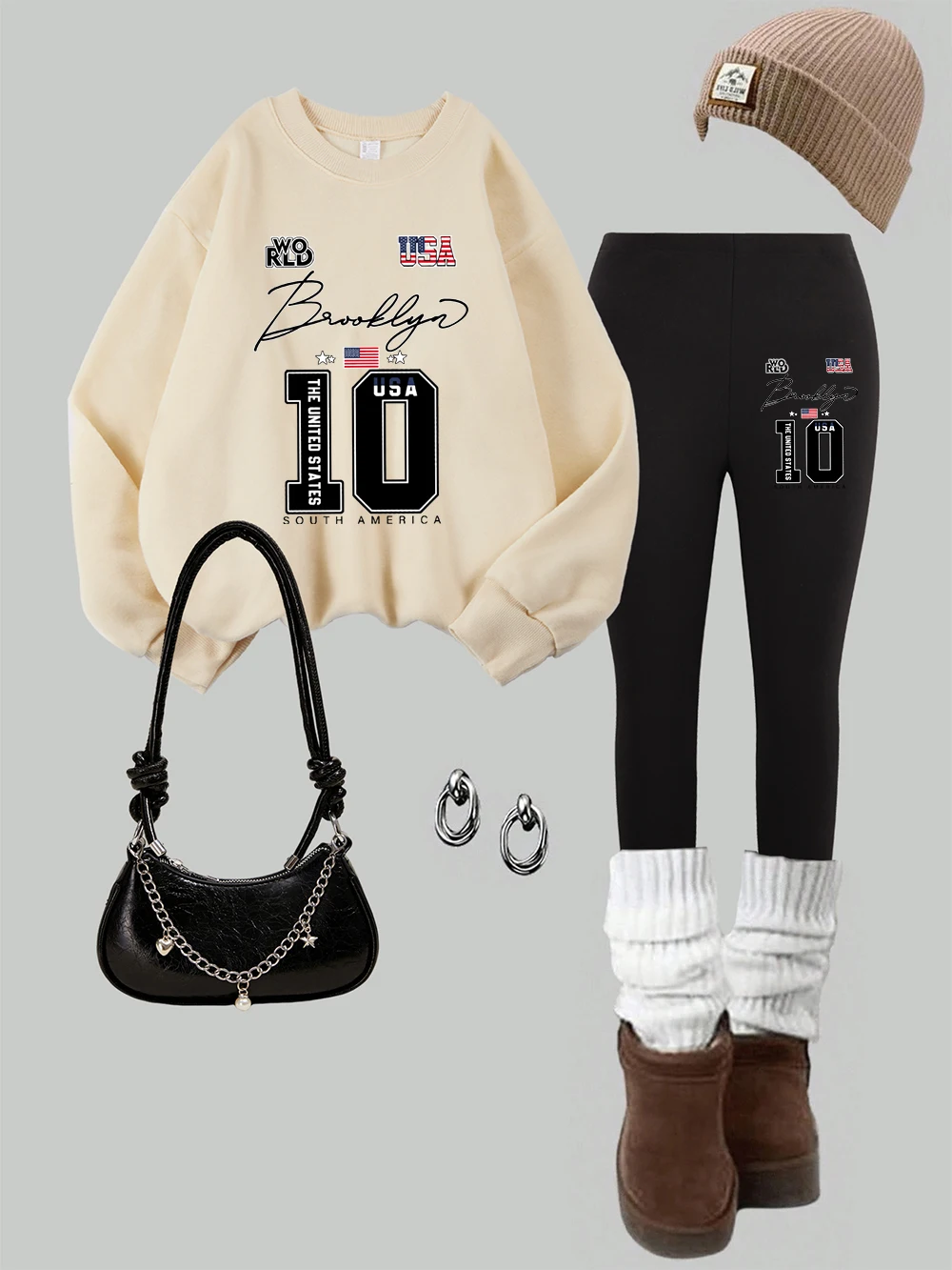 2-delige dames VS Brooklyn States afdrukken sweatshirts leggings set winter fleece thermische hoodie broek straat joggingkleding