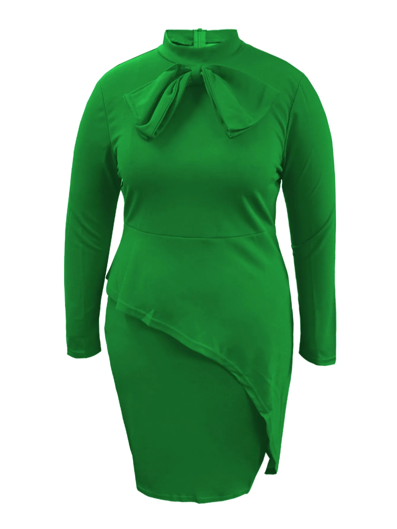 LW Plus Size Tie Neck Bodycon Dress Elegant Bow Zipper Design Long Sleeve Solid Color Knee Length Spring Bodycon Women Dresses