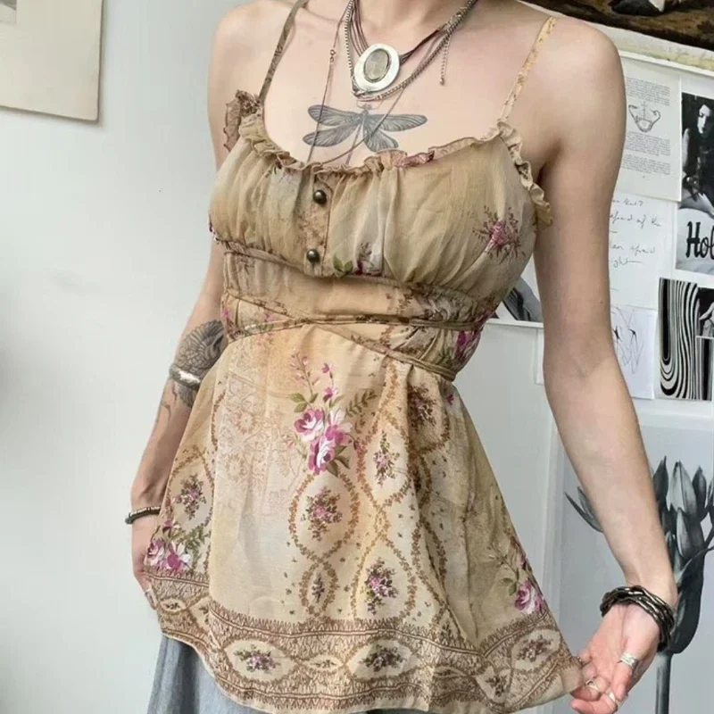 

Vintage Print Ruffles Camisole Boho Y2k Aesthetic A Line Tie-up Tops for Women 2025 Summer Lace-up Tank Top Coquette Sexy Tops
