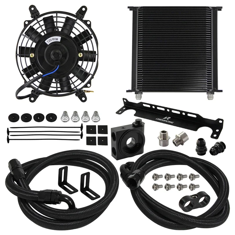 40 Row Oil Cooler Kit Universal AN10 w/ Bracket Kit Thermostatic 73 ±0.5°+7'' Electric Fan For M20XP1.5 and 3/4X16UNF