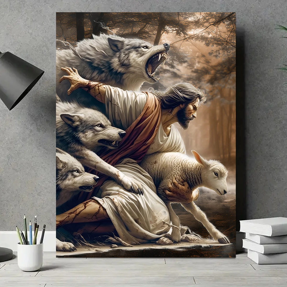 1PCS Frameless Jesus Christ Protect Flock Canvas Print Poster Vintage Wolf Sheep Art Prints Living Room Bedroom Wall Art Home De - view 2