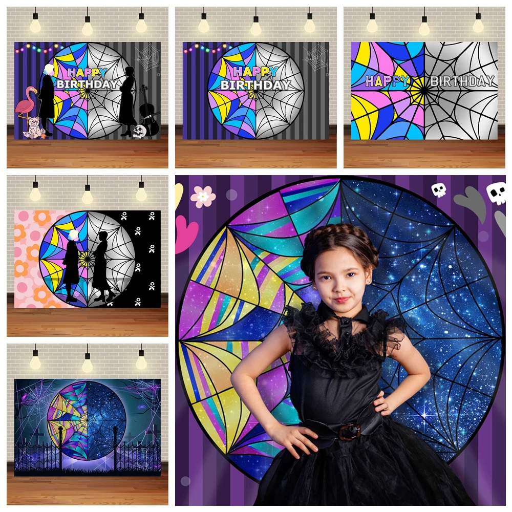 

Addams Family Wednesday Backdrop Children's Birthday Party Hand Dance Horror Movie Photography Backdrop Banner Customization