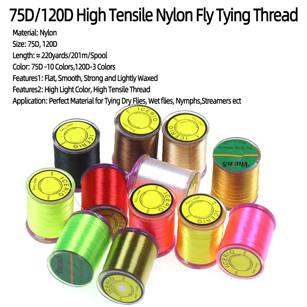 220Yards/Spool 75D High Tensile Fly Tying Thread Nylon High Light Line For Tying Dry Fly Nymphs Streamers Trout Fishing Lures