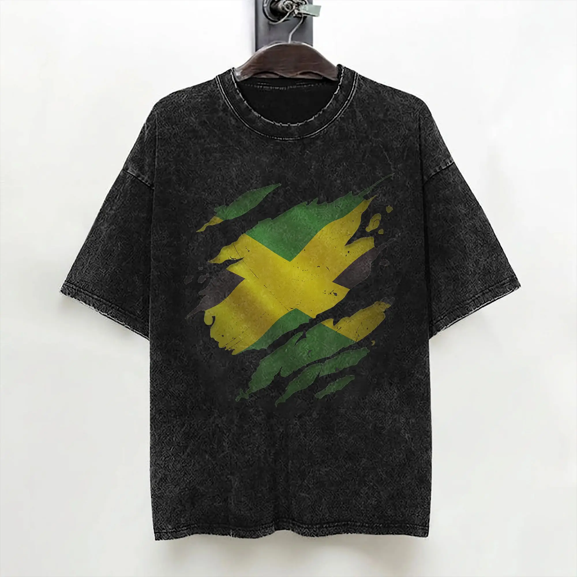 Jamaica Flag Jamaican T Shirt Washed Cotton T-Shirt Vintage Men Women Streetwear Summer Tees