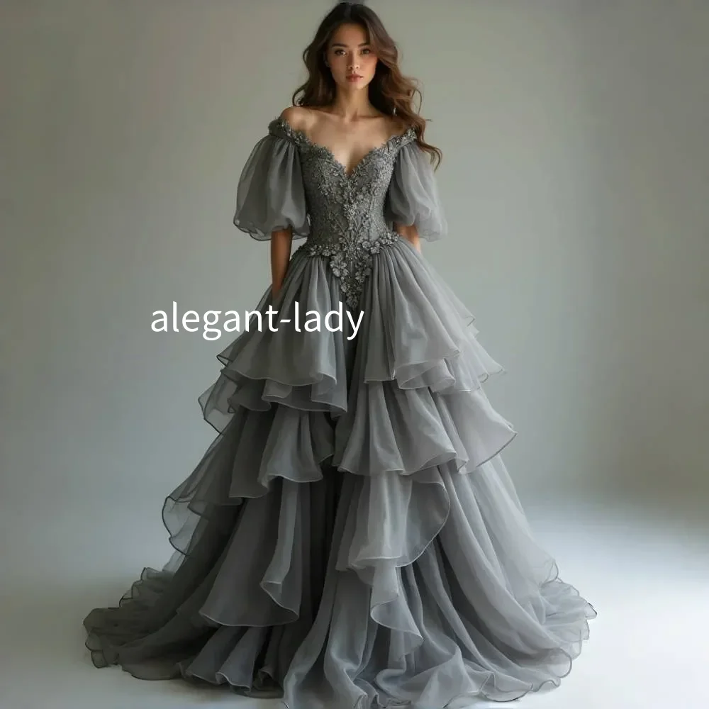

Винтажное вечернее платье в викторианском стиле с оборками и многоярусной юбкой, светло-серое, для торжественных мероприятий, элегантное выпускное платье с кружевными аппликациями, на заказ