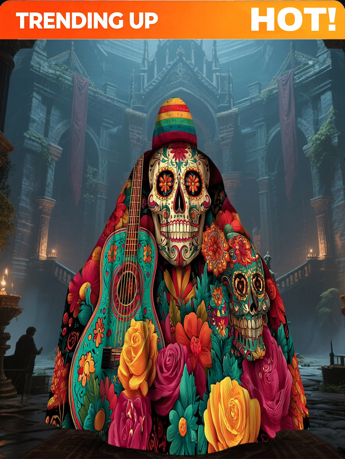 Customization 1pc Day Of The Dead Hooded Cape With Sugar Skulls, Floral & Guitar Print - Full-Length Costume Robe For Halloween,