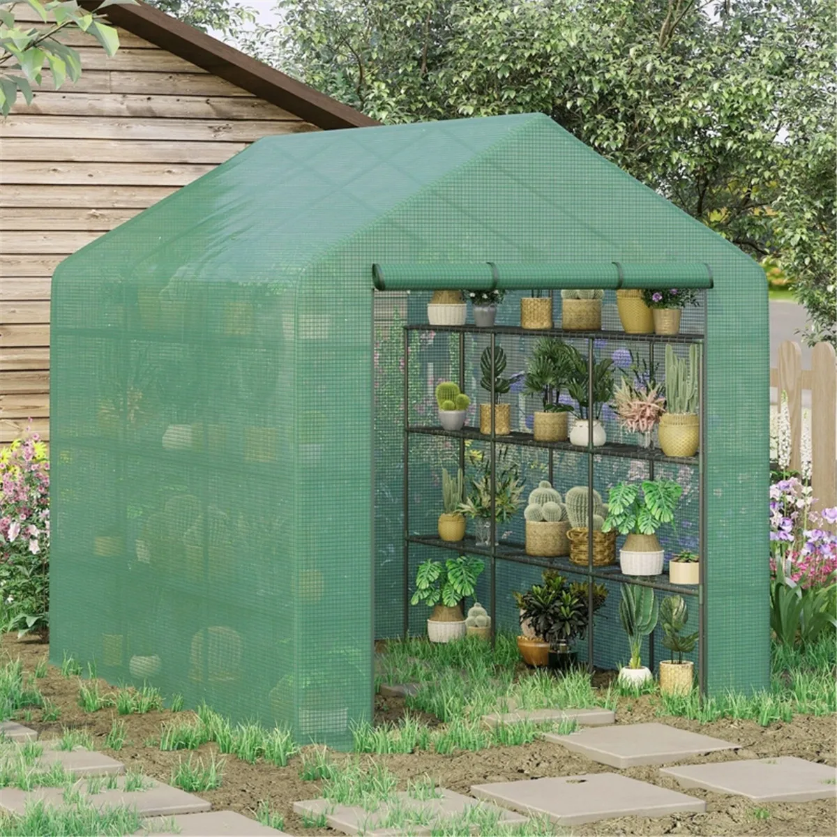 Large Walk-in Greenhouse, Heavy-Duty PE Mesh Plant Growing Tent with Roll-Up Zipper Door, Outdoor Gardening Greenhouse for Backyard, Patio