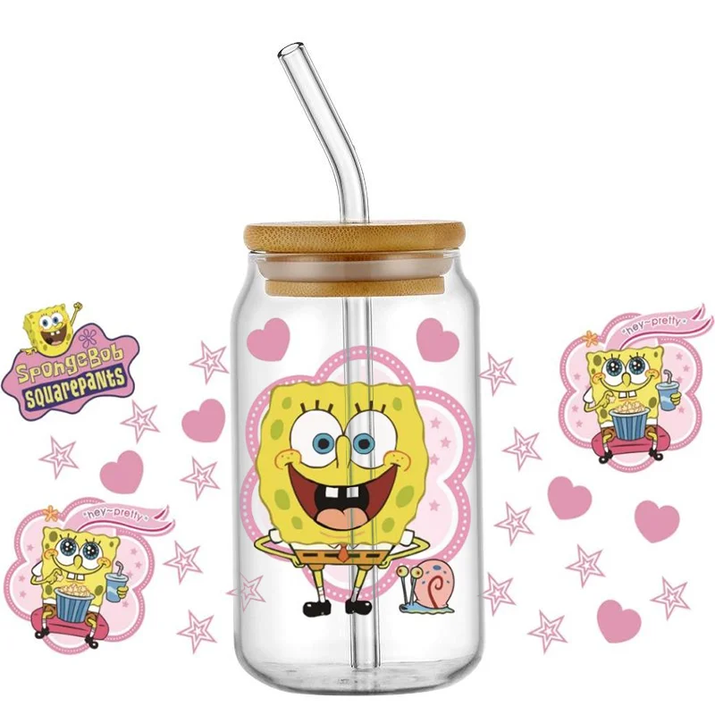 Miniso 3D Cartoon Mug spongebob Sticker Waterproof UV DTF Libby Decals Wrap Transfer Sticker Custom Label DIY Logo Self Adhesive