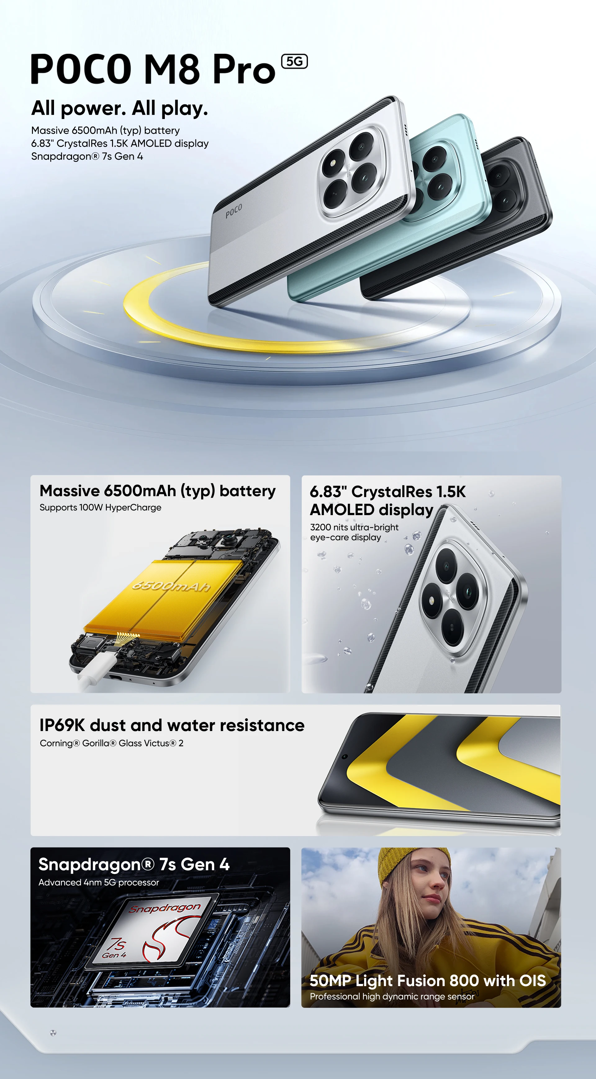【Ship From AU】POCO M8 Pro 5G Global Version Snapdragon® 7S Gen 4 Massive 6500mAh Battery 6.83 "Crystal Res 1.5K AMOLED Display