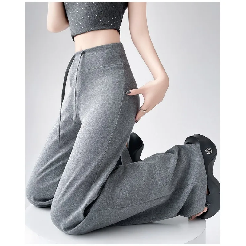 New Spring Autumn women air cotton casual pants drawstring style slimming high-waisted sporty straight leg drape wide-leg pants