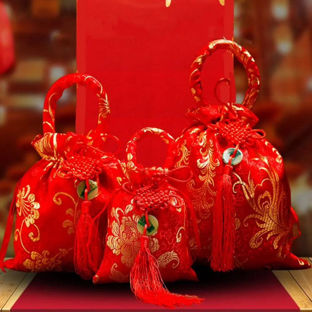 1Pc Canvas Festive Flower Drawstring Bag Chinese Knot Tassel Sugar Bag Wedding Large Capacity Handbag