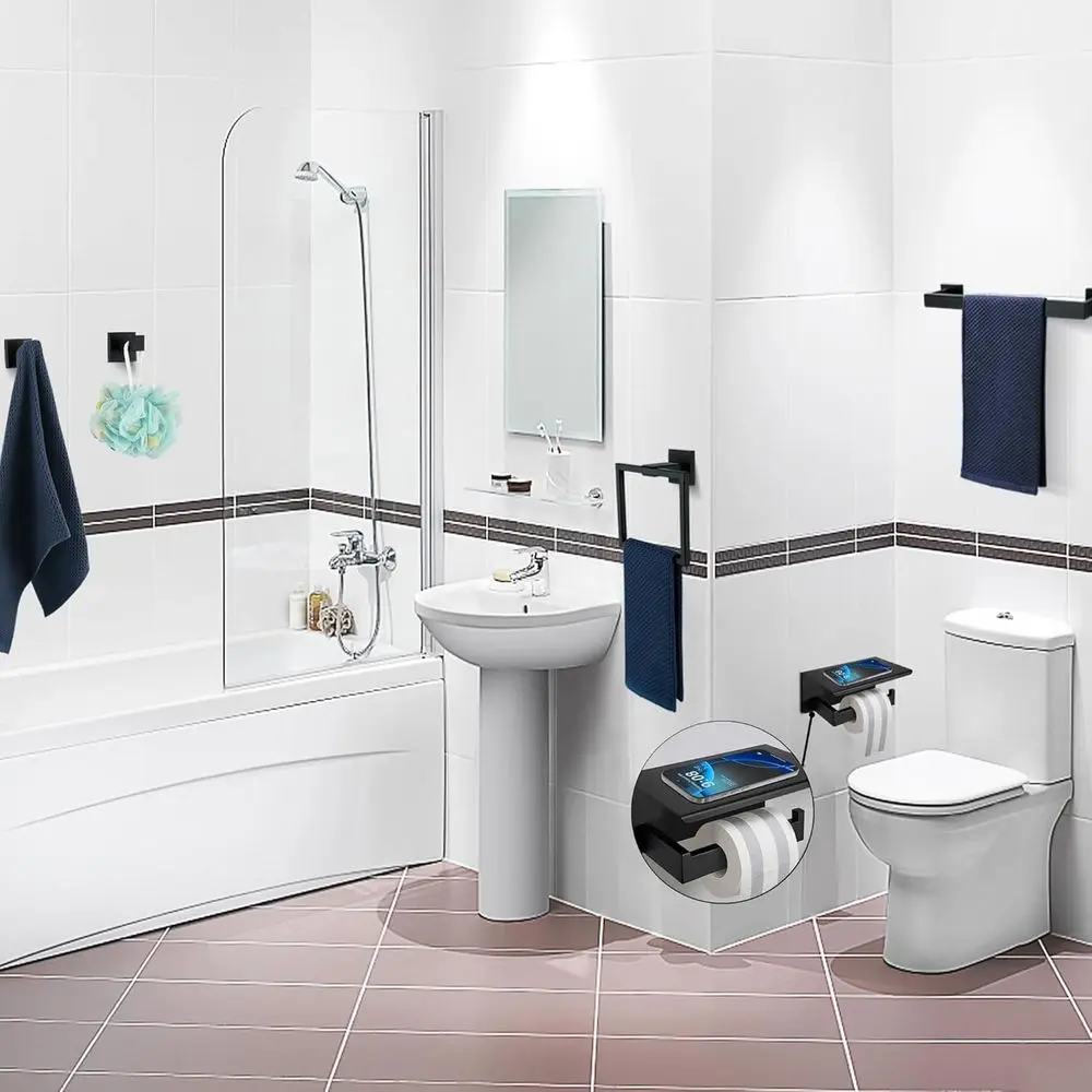 Set Aksesori Kamar Mandi Hitam Matte 24-Inci: Rak Handuk, Tempat Tisu Toilet & Rak dari Baja Tahan Karat 5 Buah