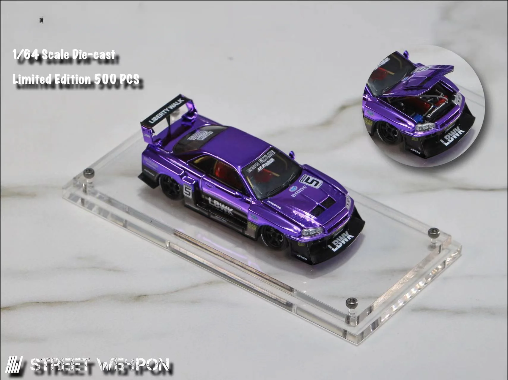 SW 1:64 Skyline ER34 Super Chrome Purple No5 limited499 Diecast Model Car