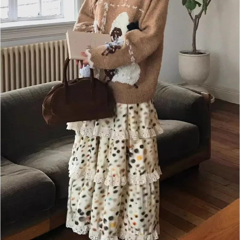 Korean Style Colorful Dot Print Elegant A-line Skirt Women 2025 Winter High Waist Contrast Color Patchwork Cake Skirt
