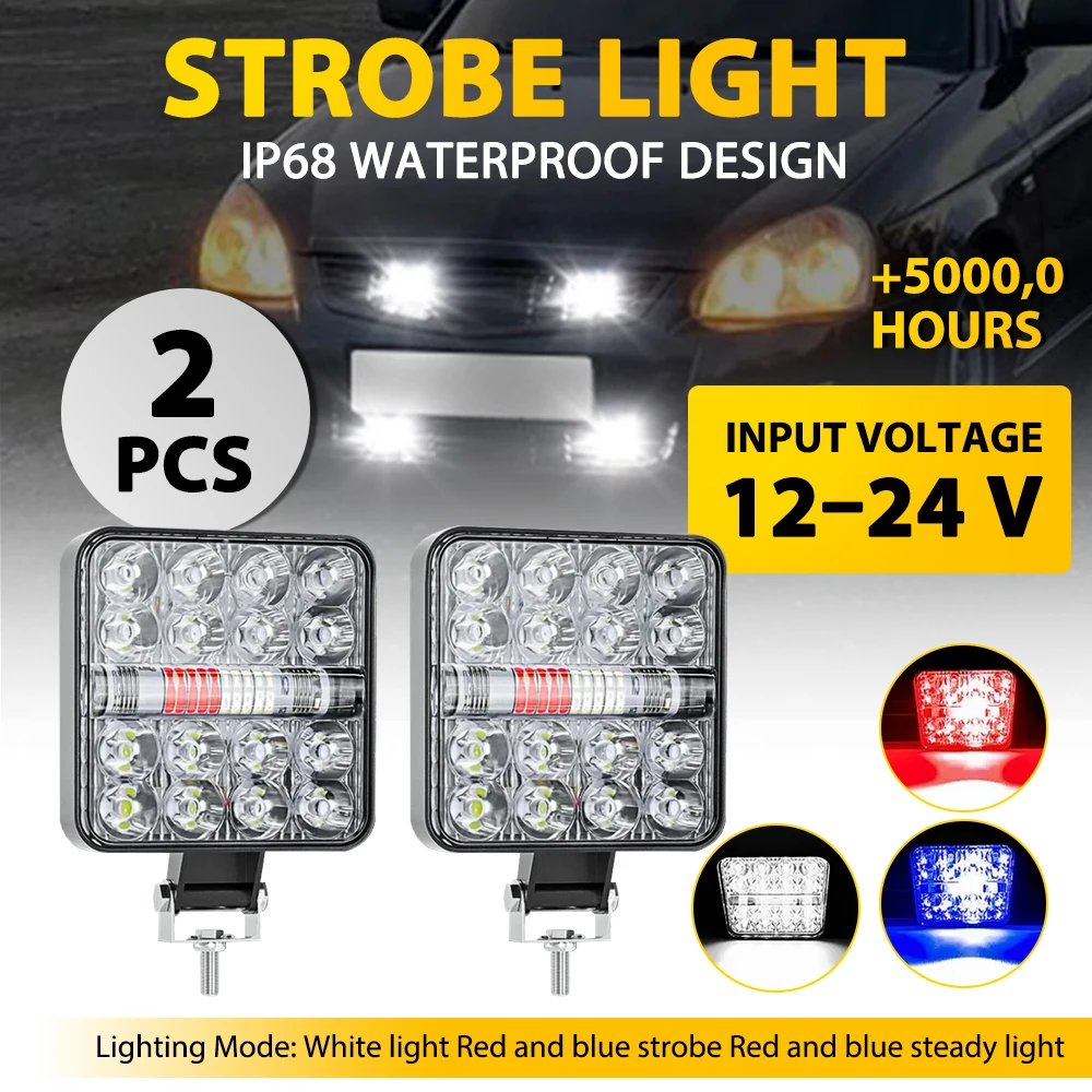 

2Pcs Truck Work Light 24V Car Square LED Strobe Flashing Lights Beacon Lamps Red Blue White For Snowmobile Motorcycle Waterproof