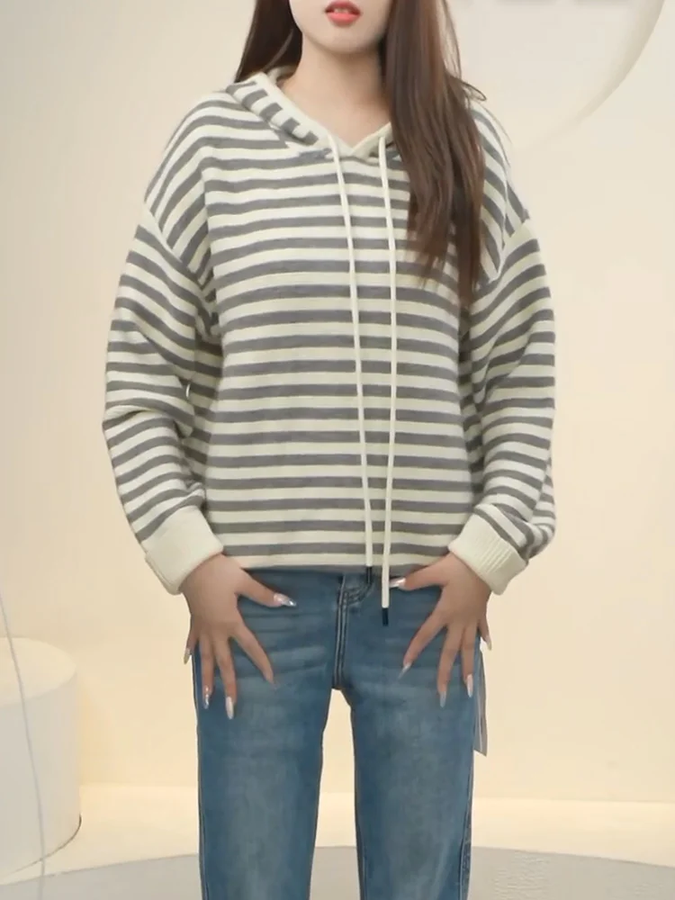 

Korean Sle Lazy Striped Hoodie Knitwear Loose Fit Women's Top Slimming Effect Autumn New Arrival plus Size Versatile Casual...