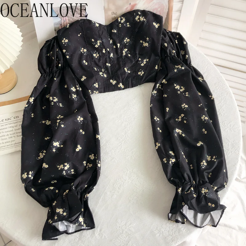 OCEANLOVE Chic Crop Tops Mujer Korean Fashion Y2k Blouses Women Sexy Lady Slash Neck Flare Sleeve Floral Sweet Shirts Blusas