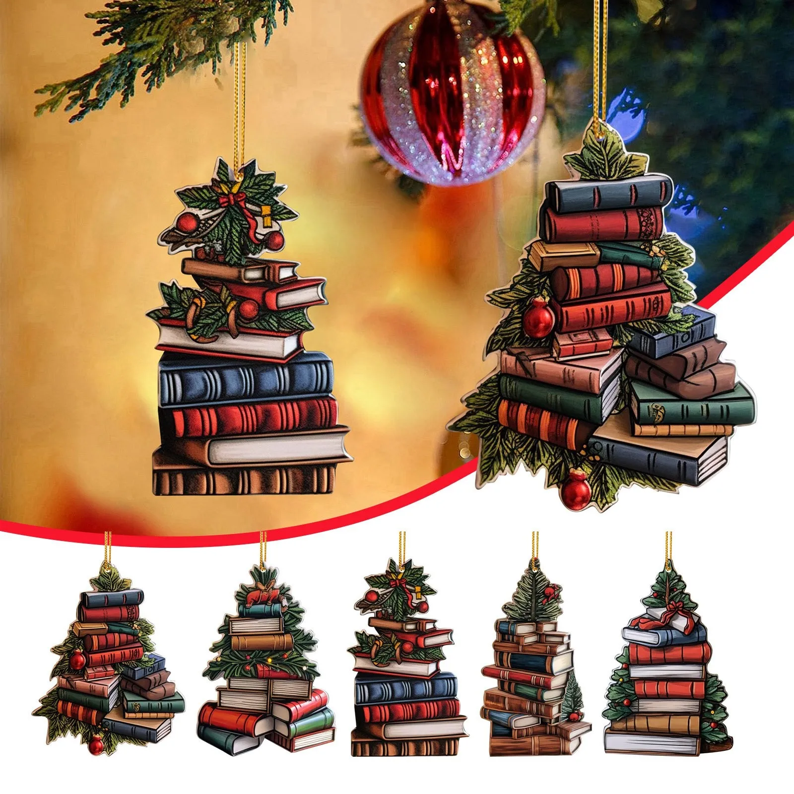 Christmas Tree Decorations 2023 Book Lovers Bookshelf Pendant Wood Ornament Xmas Decorations for Home Noel Party Supplies Toys