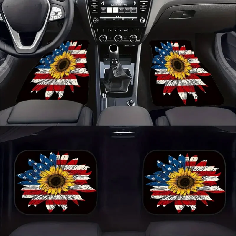4pcs American Flag Sunflower Pattern Car Floor Mats | Universal Anti-Slip Crystal Velvet, Decorates Interior, Collects Hair, Kee