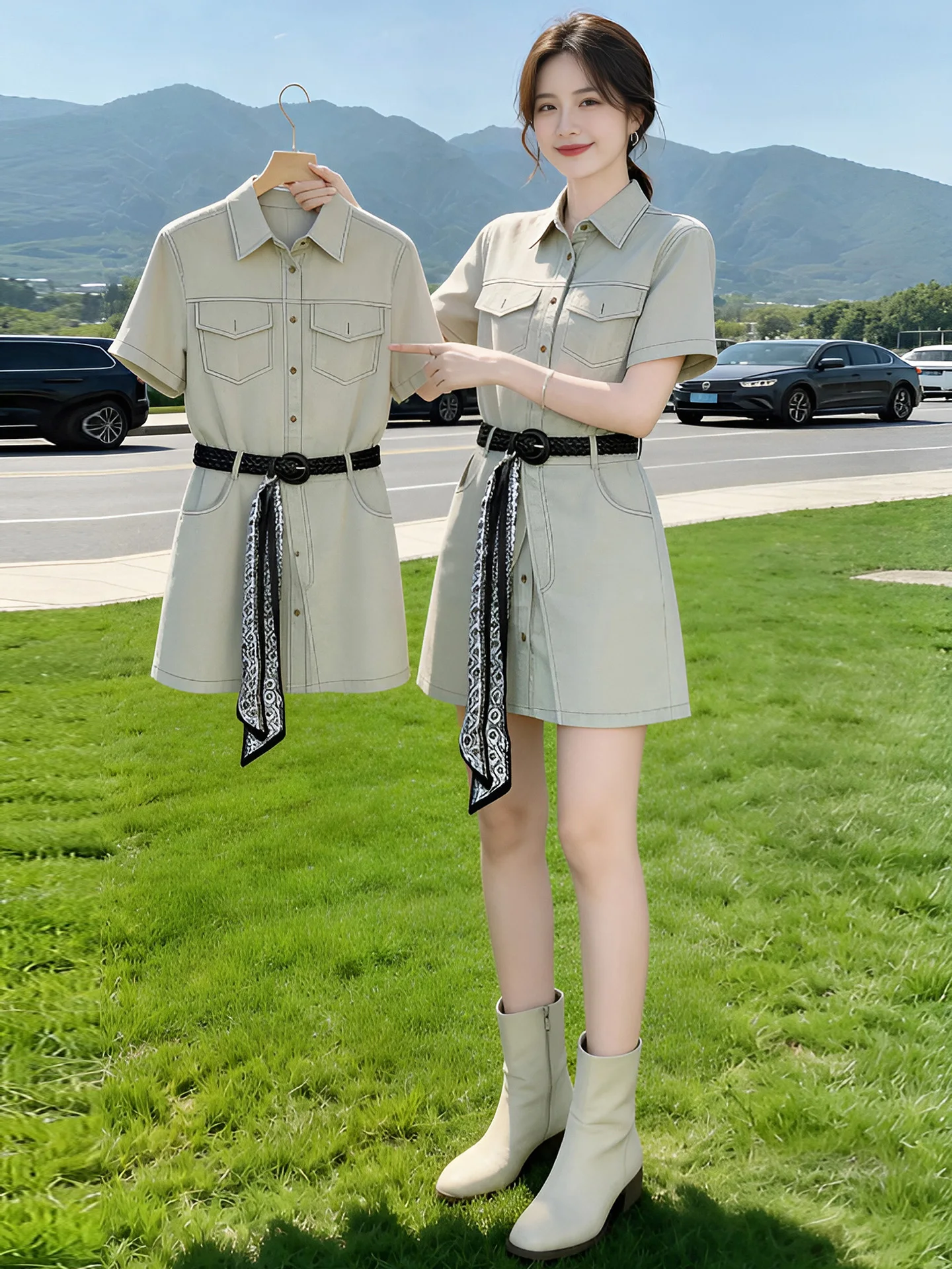 Korean Style Workwear Shirt Dress Slimming Half Skirt Two Piece Set Women Summer Elegant Fashionable Complete Outfit