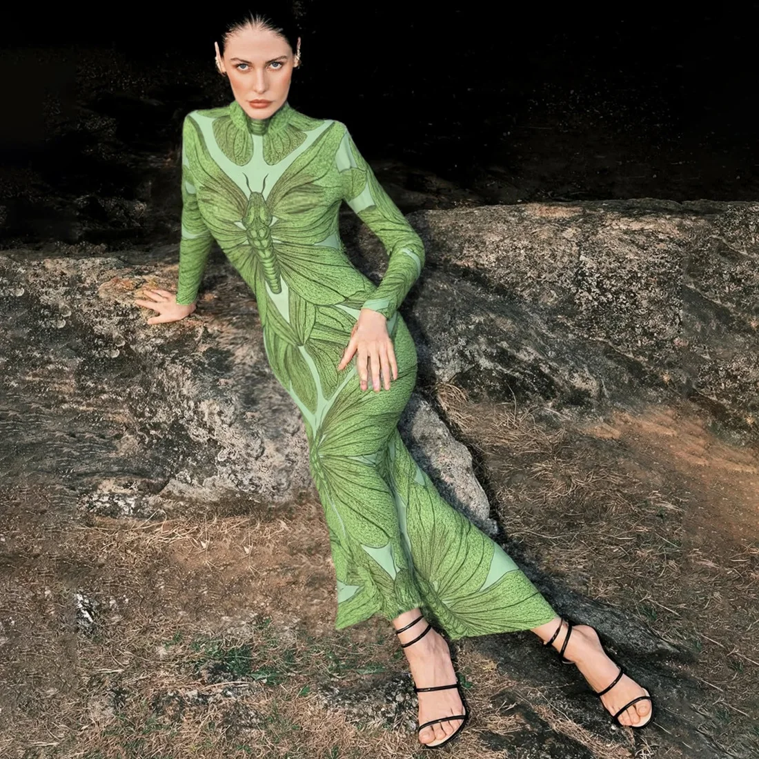 See Through Mesh Butterfly Print Maxi Dress Women Sexy Turtleneck Full Sleeve Bodycon Party Long Robe 2025 Autumn Clubwear