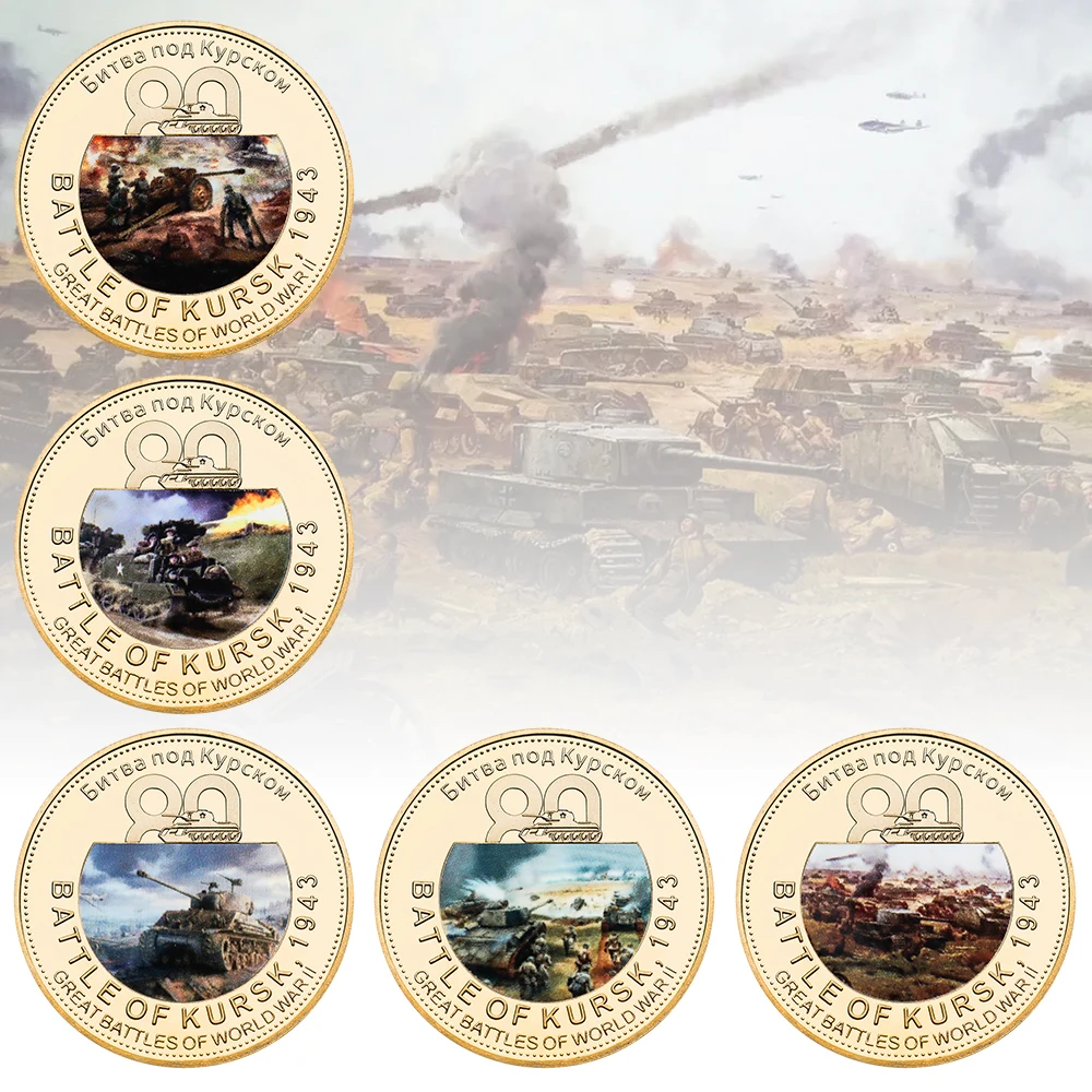 5pcs Battle of Kursk 1943 WWII Commemorative Coins Set 80th Anniversary Gold Plated Military Collectible