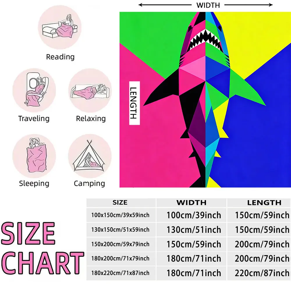 Geometric Colorful Shark Printed Flannel Blanket Modern Art Style Soft Warm Cozy Throw Blanket
