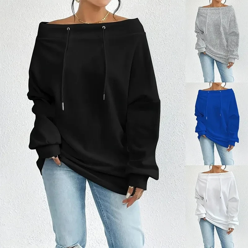 

Autumn Women's Sexy One-shoulder Long-sleeved Sweatshirt Fashion Drawstring Casual Loose And Versatile Female Tops 2025