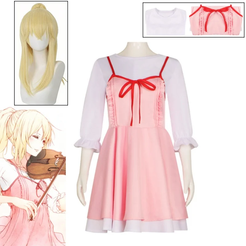 

Anime Your Lie in April Miyazono Kaori Cosplay Costume Pink Dress Full Sets Wig Cute Style Unifrom Comic Party Role Play Suit