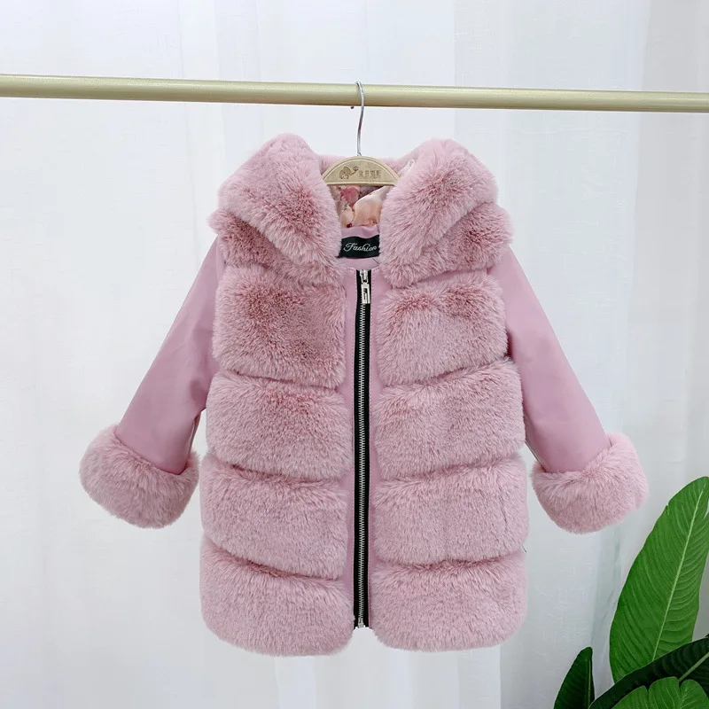 

Faux Rabbit Fur Coats Children Solid Fur Jackets Zipper Hooded Long Sleeves Thick Warm Fur Loose Fit Casual 2025 Autumn Winter