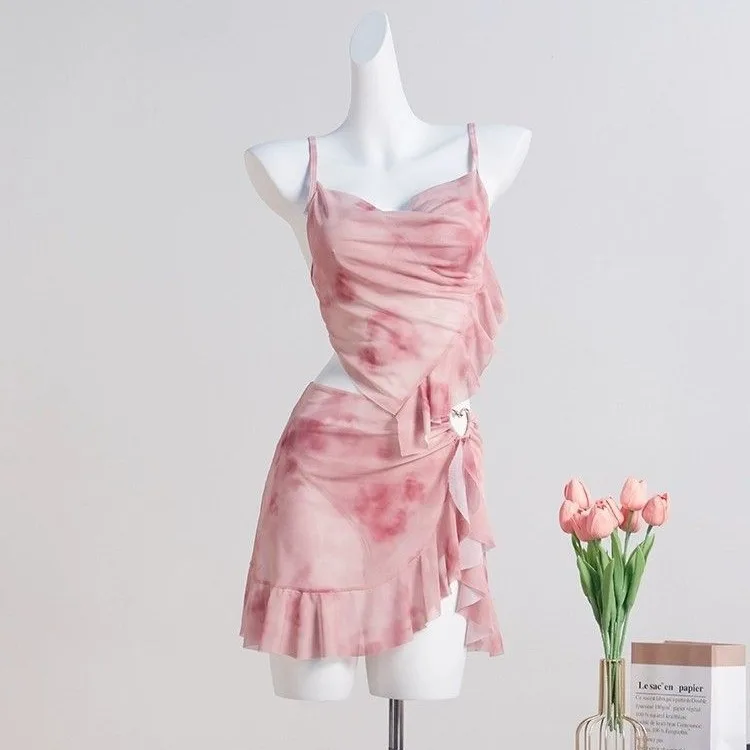 

Women Sexy Bikini Set Pink Tie Dye Three Piece Swimsuit with Cover Up Skirt Bathing Suit for Beach Vacation Summer Swimwear