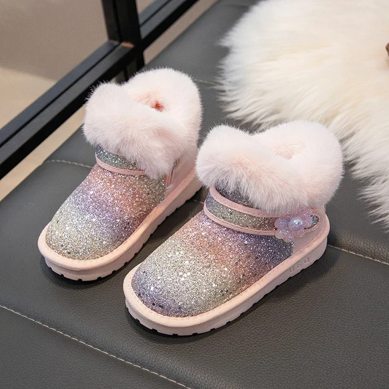 Toddler Girls Glitter Gradient Winter Snow Boots, Fluffy Plush Collar Pearl Flower Decoration Warm Anti‑Slip Kids Boots
