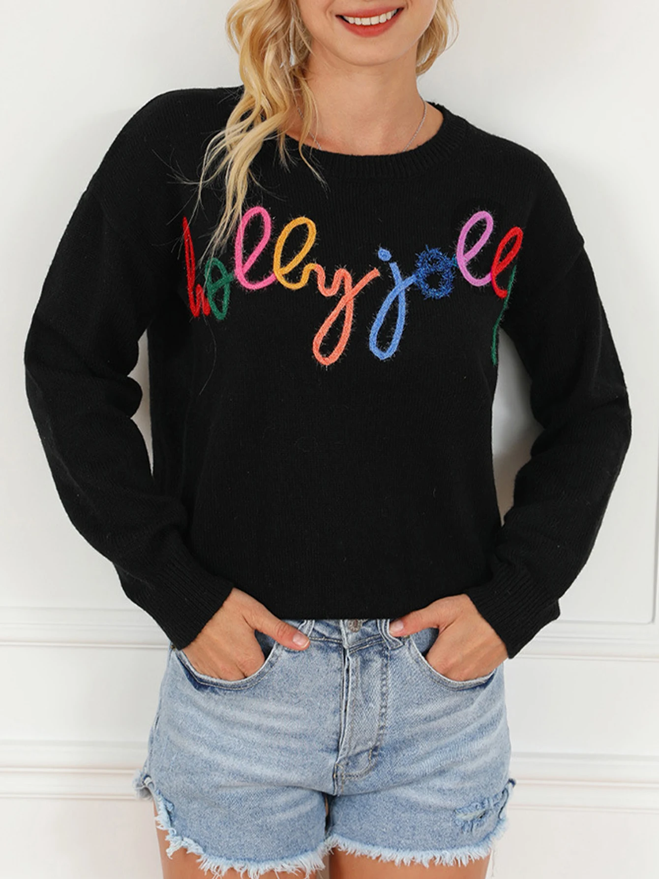 

Женский свитер с круглым вырезом и длинными рукавами контрастного цвета с буквенными деталями Элегантный осенний топ стандартной посадки на каждый день Базовый