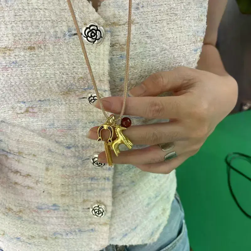 Minar Luxury Metallic Cartoon Horse Beads Tassel Pendant Necklace For Women Long Adjustable Wax Rope Chain Choker