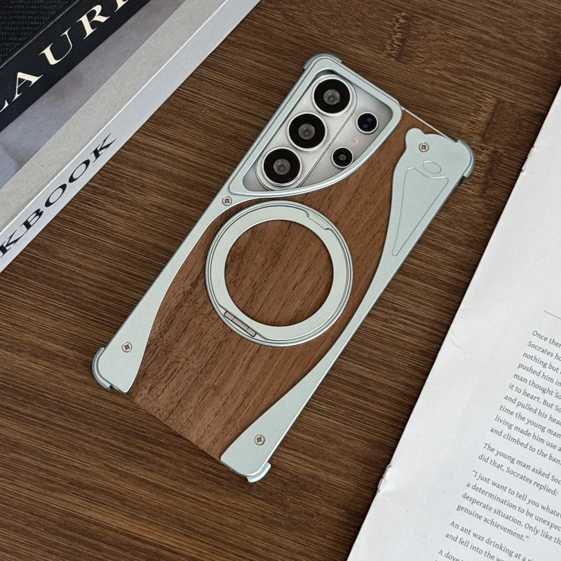 

Luxury Walnut Wood Metal Case For Samsung S26 Ultra Magnetic 360 Rotating Stand Shockproof Armor Frameless Cover