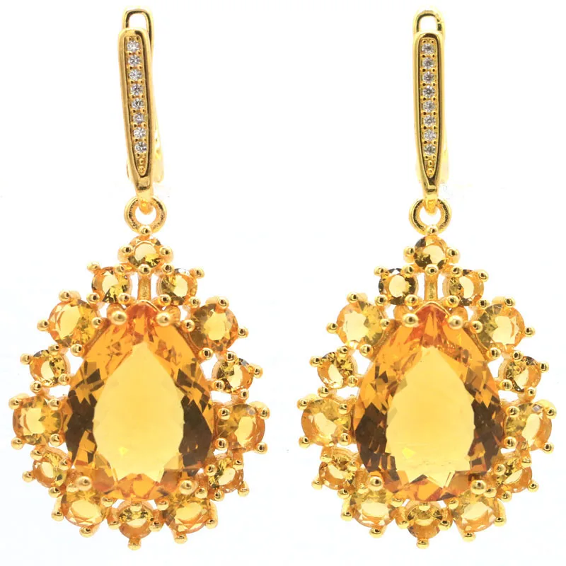 

45x21mm Gorgeous 10.3g Waterdrop Shape Golden Citrine CZ Women Wedding Gold Silver Dangle Earrings