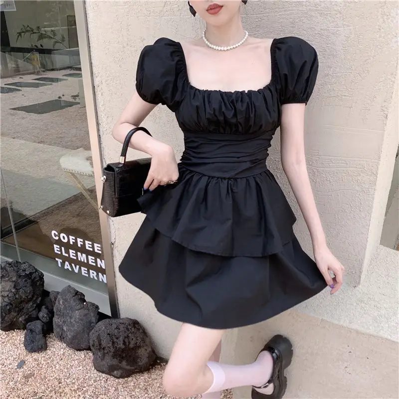 Dress Ruffles Puff Sleeve Square Neck Backless Bow Solid Sweet Mini Girlish Fashion Casual Korean StyleTender Summer Women Dress