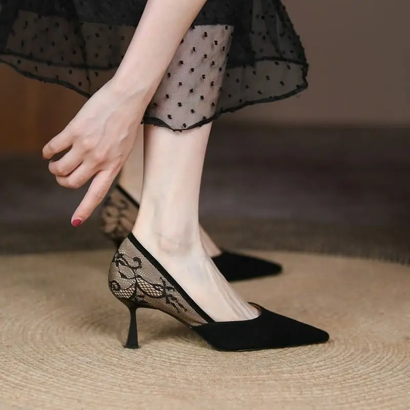 

2024 Summer Pointed High Heels Women Shoes Sexy Lace Stitching Fashion Pumps French Retro Elegant Ladies Shoes Chaussure Femme