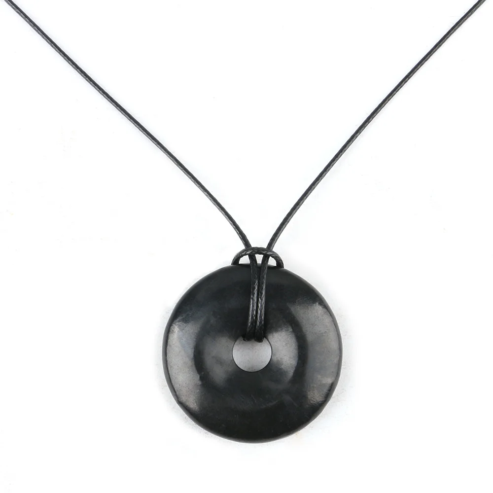 Colar de Shungite Natural em Formato de Donut 32mm, Cristal de Cura, Pingente de Shungita Preta da Rússia, Amuleto de Gema, Amuletos da Sorte, Proteção EMF