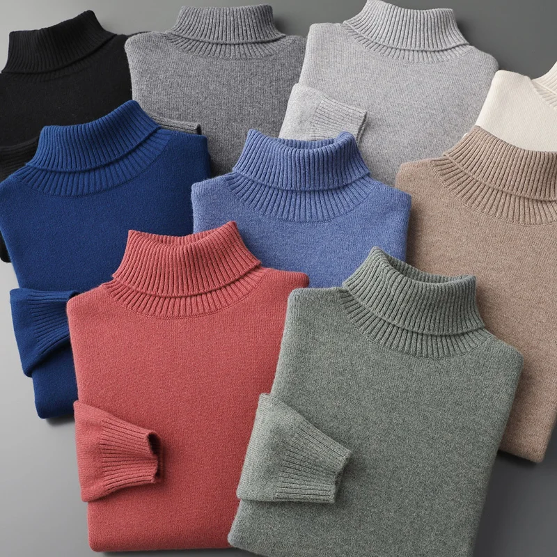

Men's 100% Merino Wool Knitted Sweater Autumn and Winter Lapels Loose Thicken Pullovers Casual Warm Joker Solid Color Base Shirt