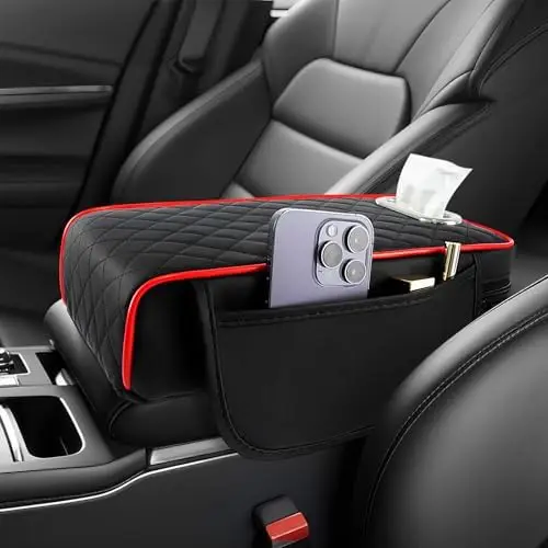 

Memory Foam Car Armrest Cushion with Pockets & Tissue Box – Universal Leather Console Cover for Storage