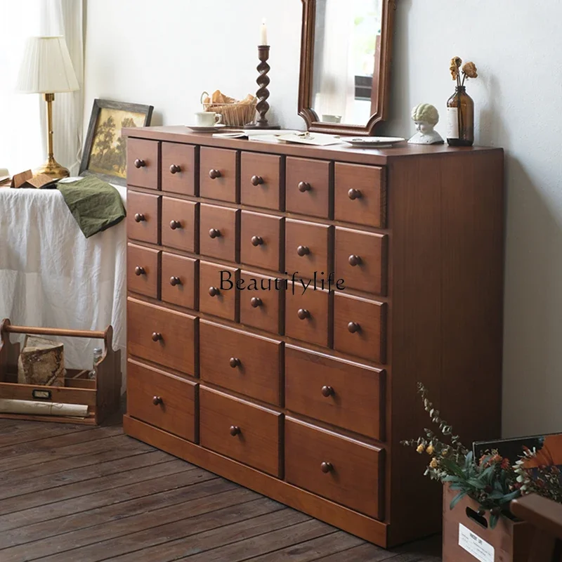 

01 yj19 American Retro Chest of Drawers Floor-standing Solid Wood Bedroom Drawer-style Wall-mounted Bedside Storage Cabinet